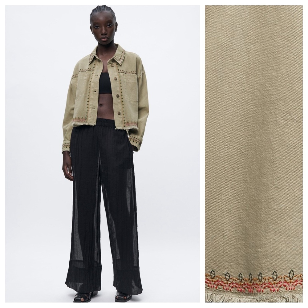 NWT Zara ZW Collection Embroidered Collared Overshirt with Topstitching Size XS.